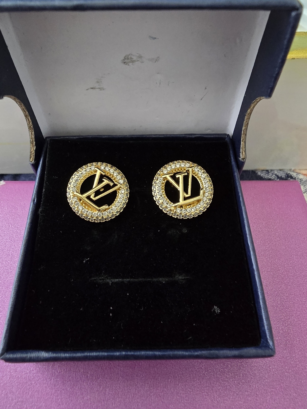 Gold Crystal Round LV Logo Stud Earrings - Women Jewelry